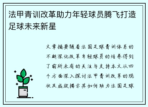 法甲青训改革助力年轻球员腾飞打造足球未来新星